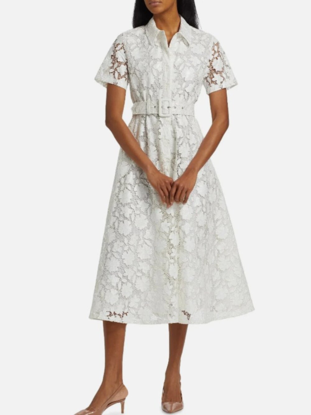 Toccin Jean Floral Lace Short-Sleeve Belted Shirtdress